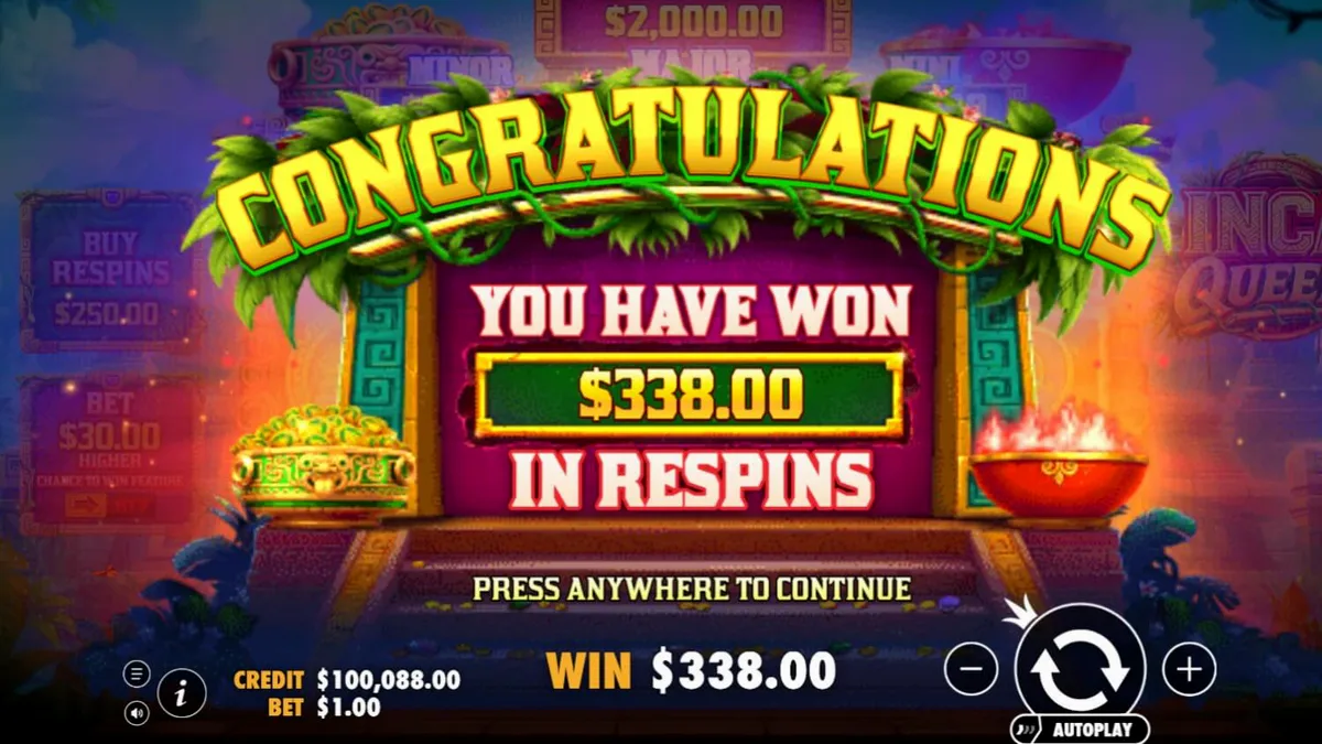 Visual slot Inca Queen dengan latar belakang pegunungan Andes dan simbol koin emas yang berkilau.